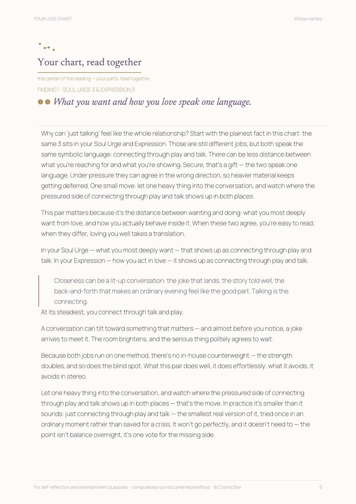 A finding page from the sample Your Love Chart, headed Your chart read together, reading Soul Urge 3 and Expression 3 together.